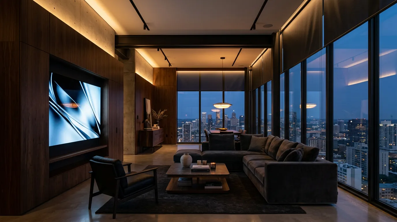 Luxury smart home living room with integrated automation and lighting